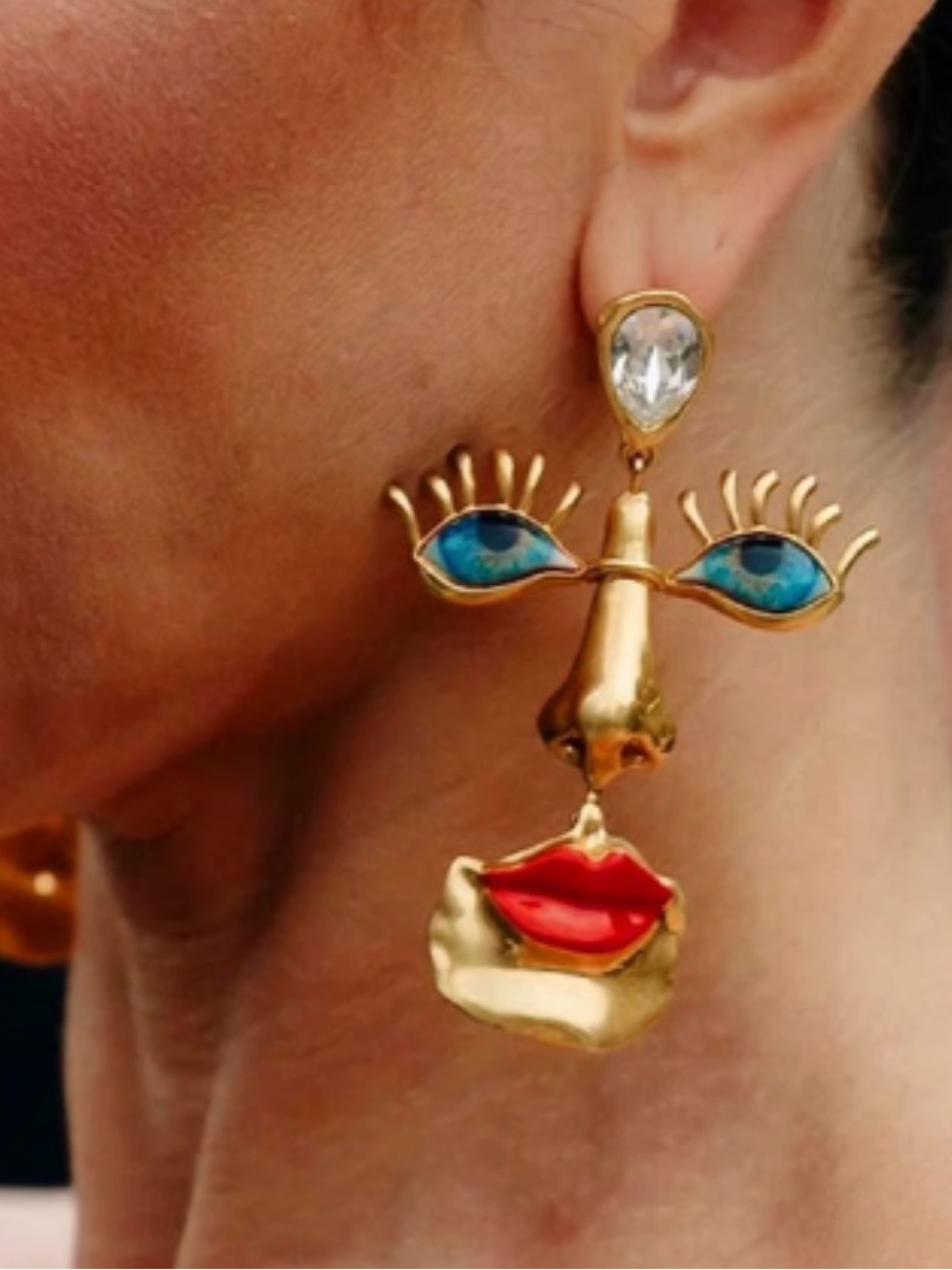 Surrealist Abstract Golden Face Blue Eyes Earrings